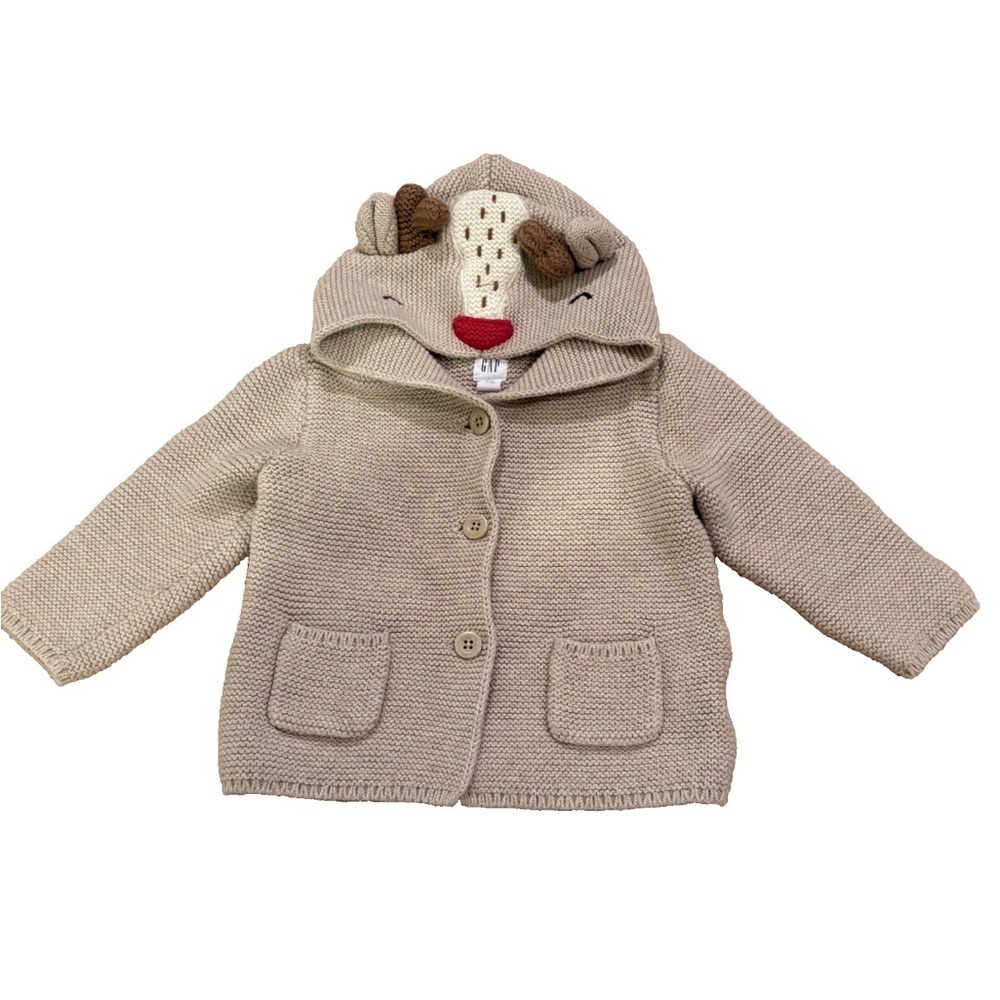Baby Gap Reindeer Sweater Beige Tan Knit Button Christmas Holiday - Picture 1 of 5